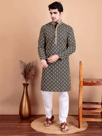 Elegant Navy Blue Kurta Pyjama Set With Yellow Thread Embroidered Geometric Pattern & Embellished Neckline